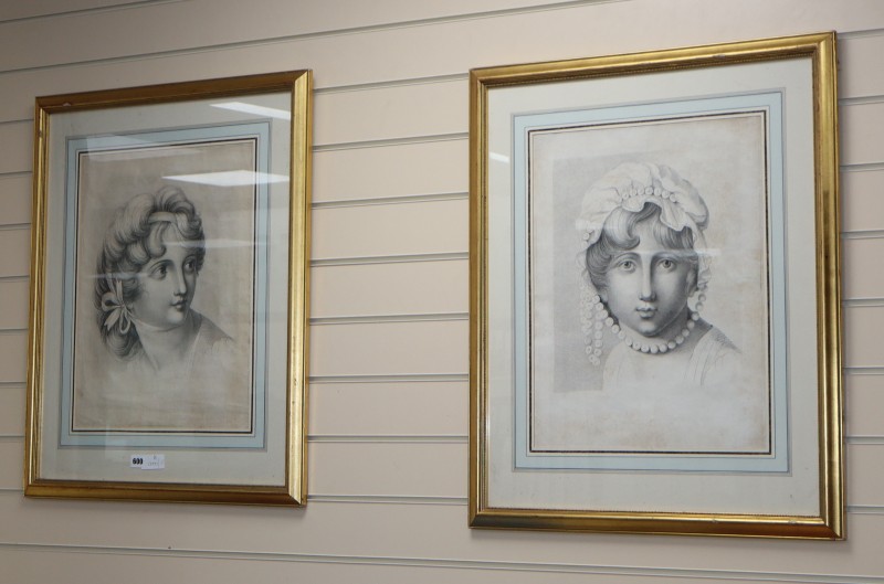 19th century English School, pair of stipple engravings, Portraits of young ladies, 50 x 38cm
